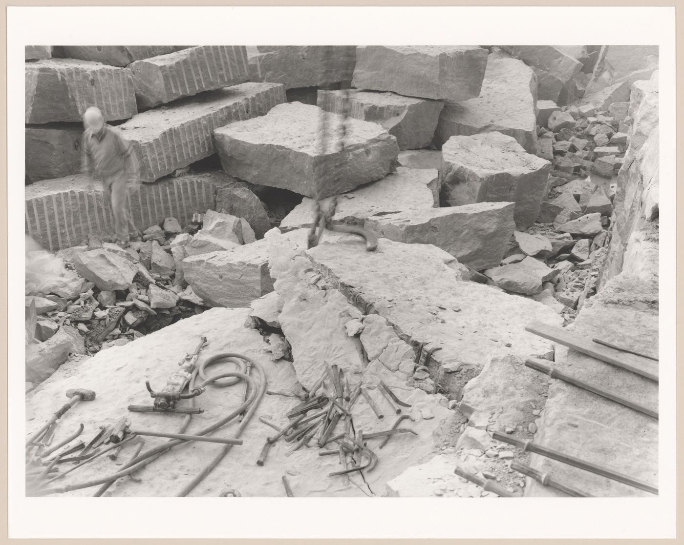 View of rock being split in limestone quarry, Saint-Marc-des-Carrières, Québec, Canada