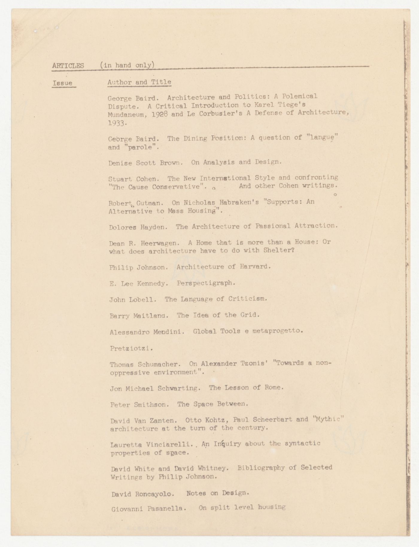 List of possible articles to publish in Oppositions Journal