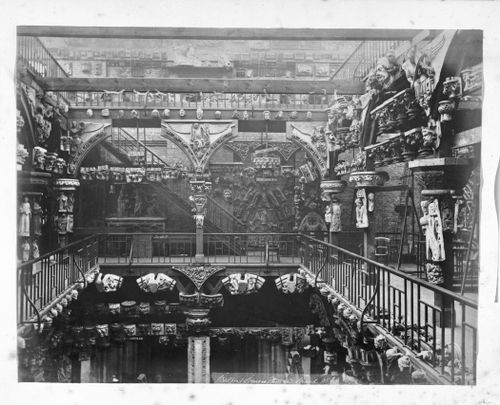 Interior view of the Royal Architectural Museum showing fragments of major English cathedrals, abbeys, and minsters, London, England