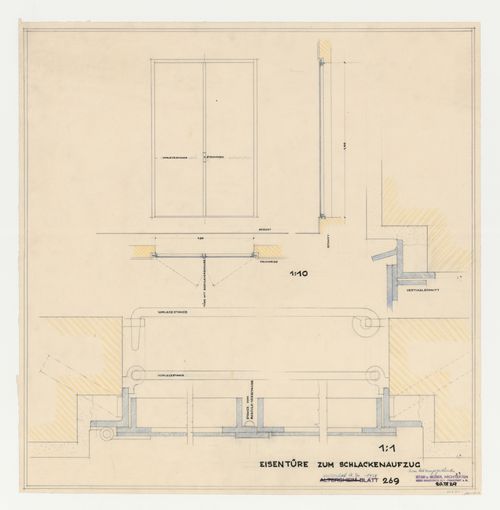 Plan, elevation, section, and sectional details for iron doors for a slag elevator for the heating systems building, Hellerhof Housing Estate, Frankfurt am Main, Germany