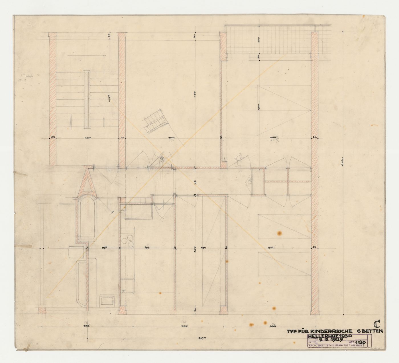 First floor plan for a type C six-bed family housing unit, Hellerhof Housing Estate, Frankfurt am Main, Germany