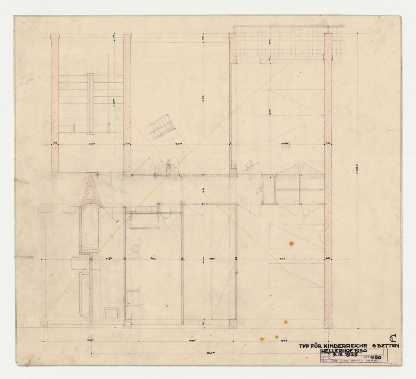 First floor plan for a type C six-bed family housing unit, Hellerhof Housing Estate, Frankfurt am Main, Germany