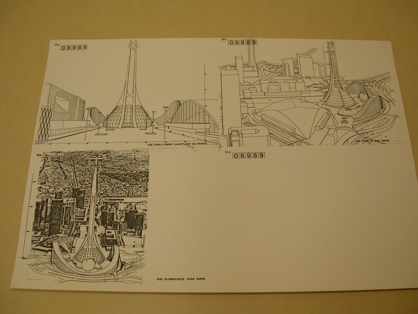 Reprographie de dessins, Tour de la Défense, Concours international d'architecture pour la Tête Défense, Paris, France : Perspectives