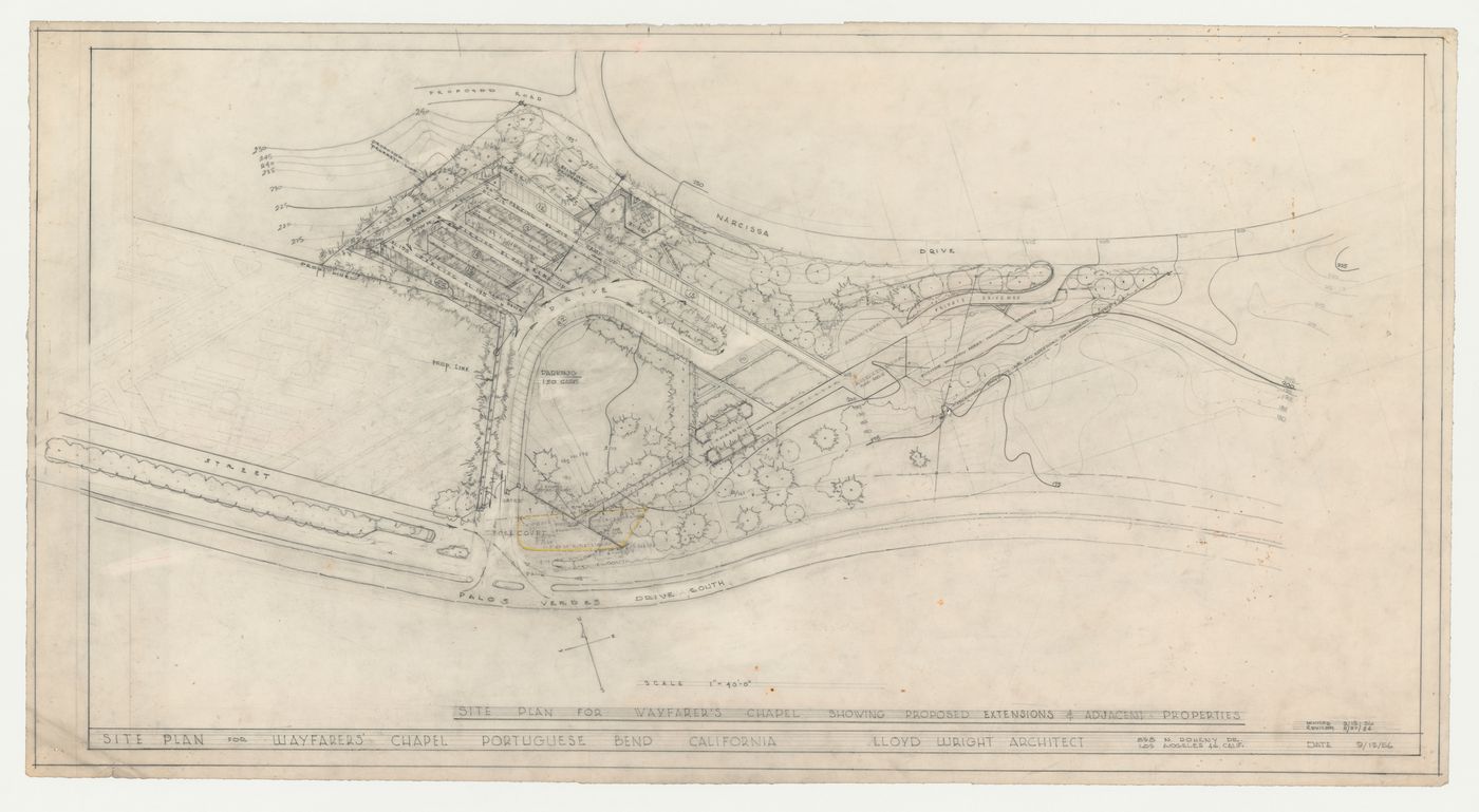 Wayfarers' Chapel, Palos Verdes, California: Site plan showing proposed parking lot on adjacent property