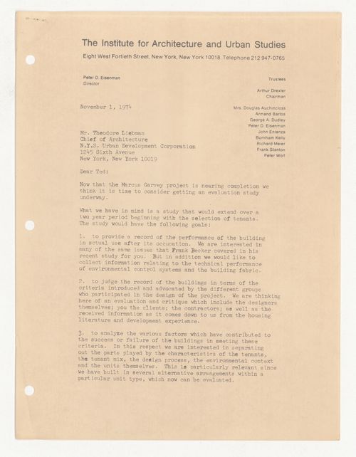 Letter from Peter D. Eisenman to Theodore Liebman about monitoring and evaluation study with attached proposed budget