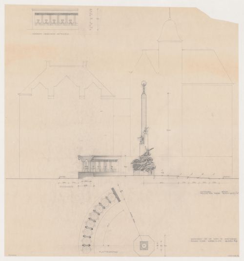 Partial section for the National Monument with partial elevation and partial plan for the wall of urns, showing sculptures by Johannes Anton Rädecker and Johan Rädecker, Dam Square, Amsterdam, Netherlands