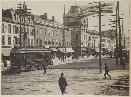 Street view with train, Schenectady, New York