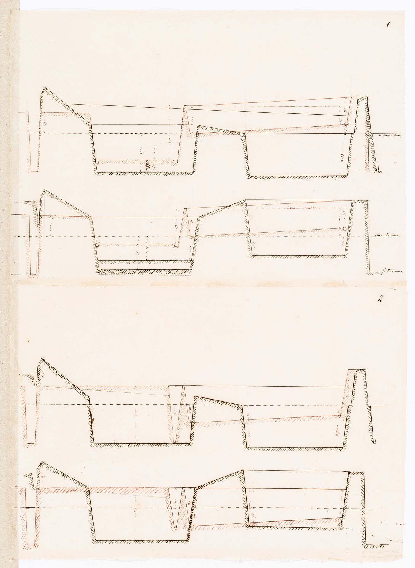 Sections showing proposed water levels, possibly in basins for either Clos d'équarrissage or the horse slaughterhouse, La Villette