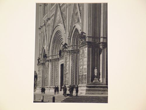 Detail view at a sharp angle of portal of cathedral, Orvieto, Italy