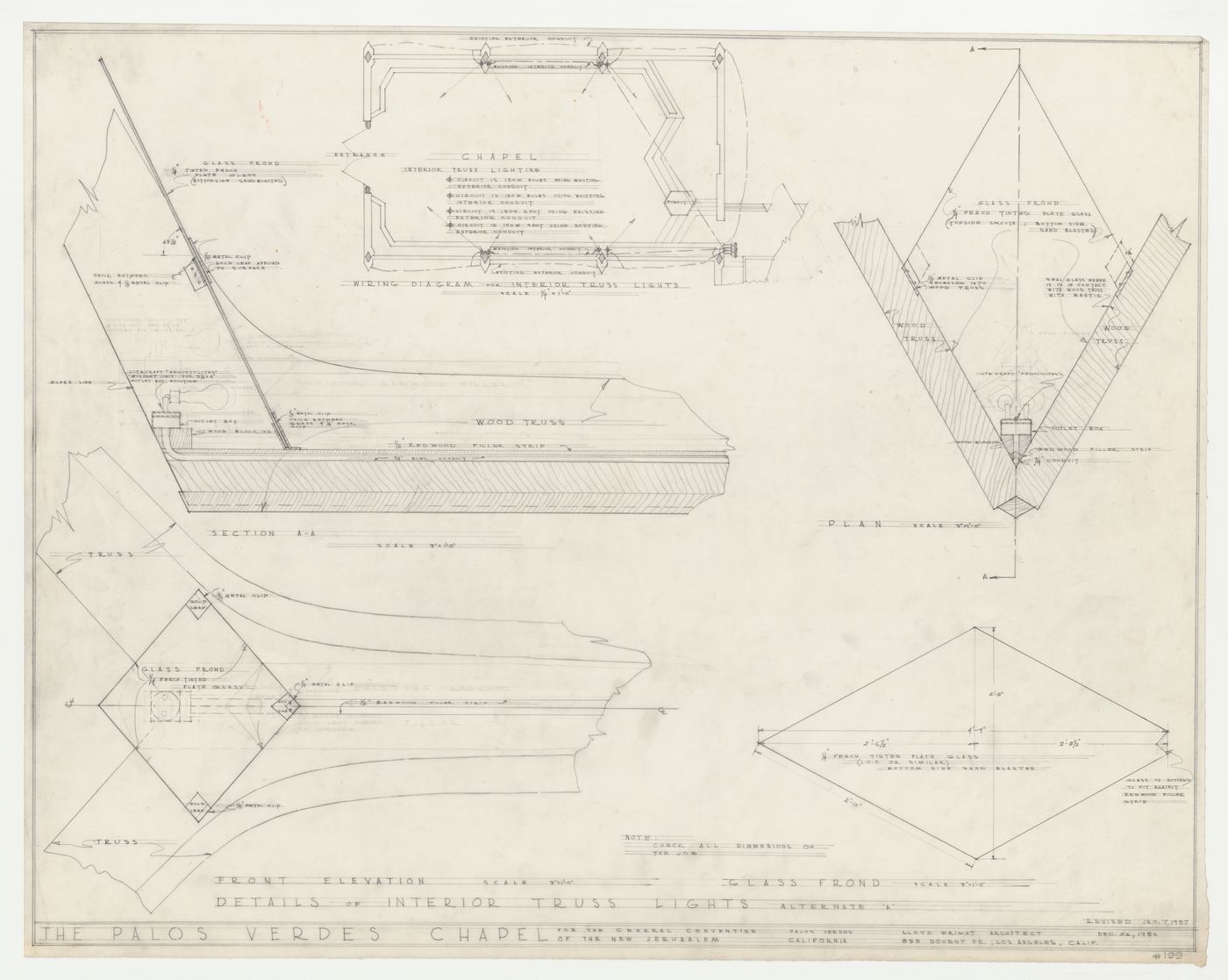 Wayfarers' Chapel, Palos Verdes, California: Elevations, section, plan and wiring diagram for the interior truss lighting fixtures for the chapel