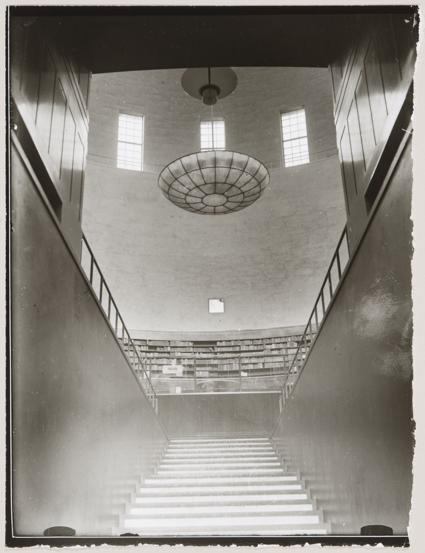 Interior view of the lending hall of Stockholm Public Library from the main stairs, 51-55 Odengatan, Stockholm