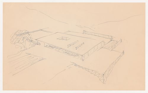 Bird's-eye perspective sketch for the building and site for Museum for a Small City with surrounding landscape
