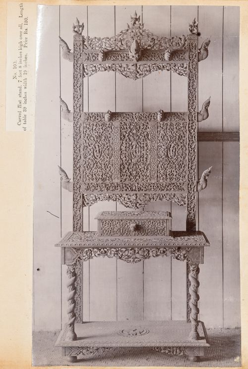 View of a hat stand, F. Beato Limited, C Road, Mandalay, Burma (now Myanmar)