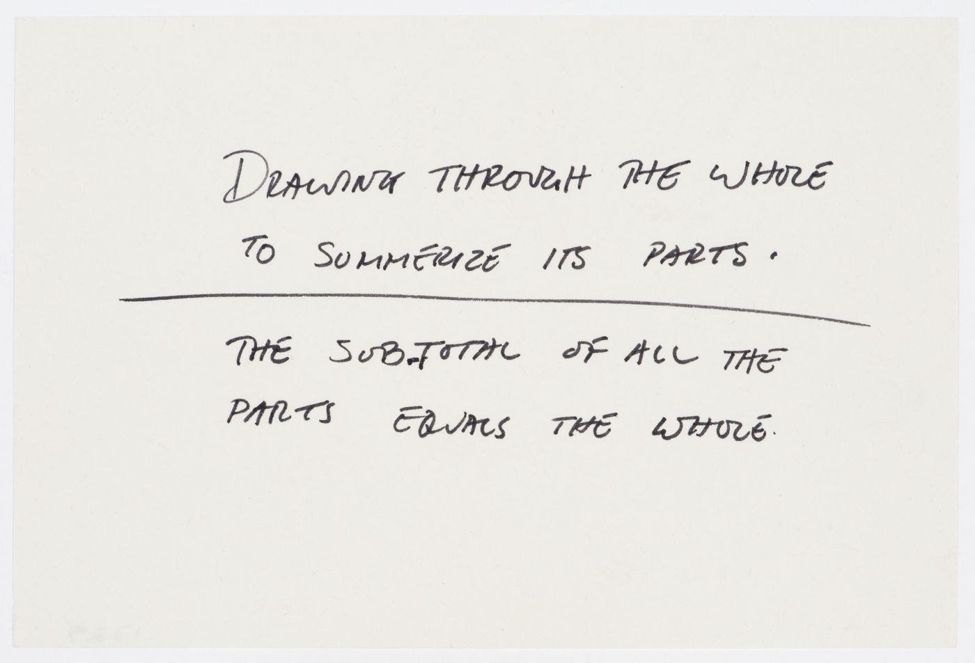 Drawing through the whole to summerize its parts. / The sub-total of all the parts equals the whole.