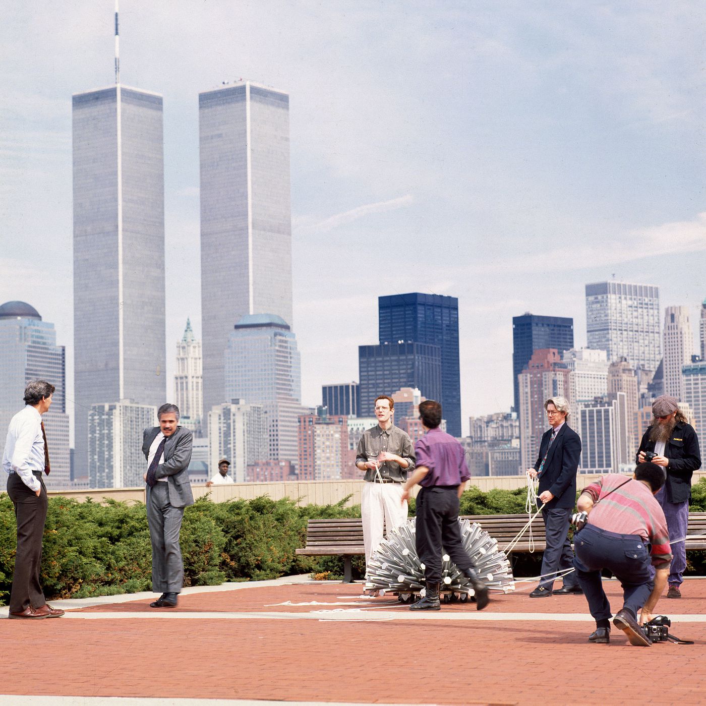 Chuck Hoberman and others preparing a demonstration of the Expanding Geodesic Dome, Liberty State Park, Jersey City, New Jersey.