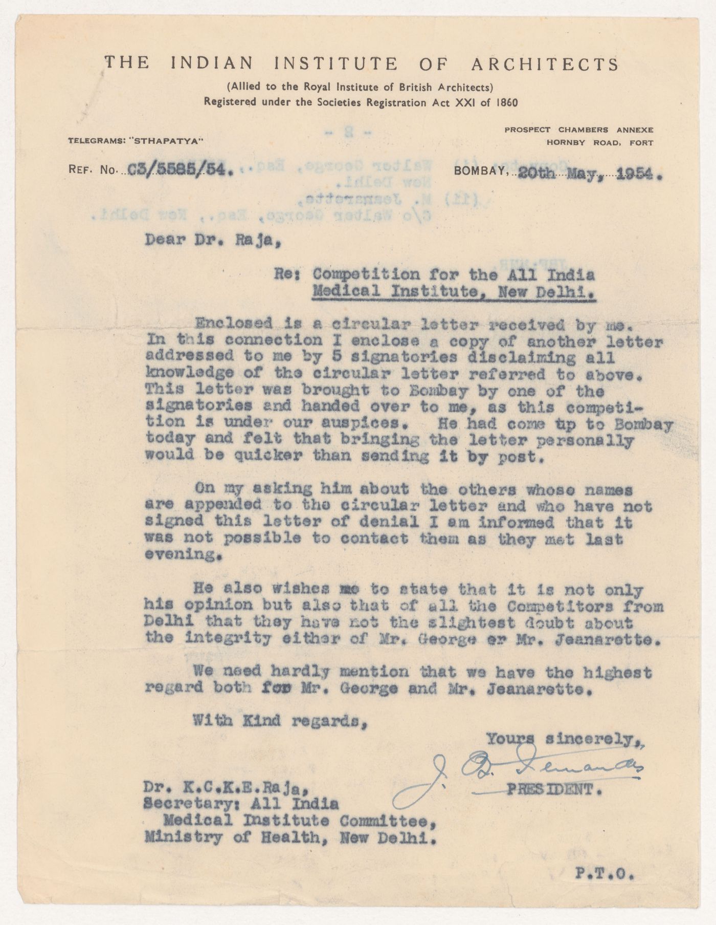 Letter from J.B. Fernandes to K.C.K.E. Raja