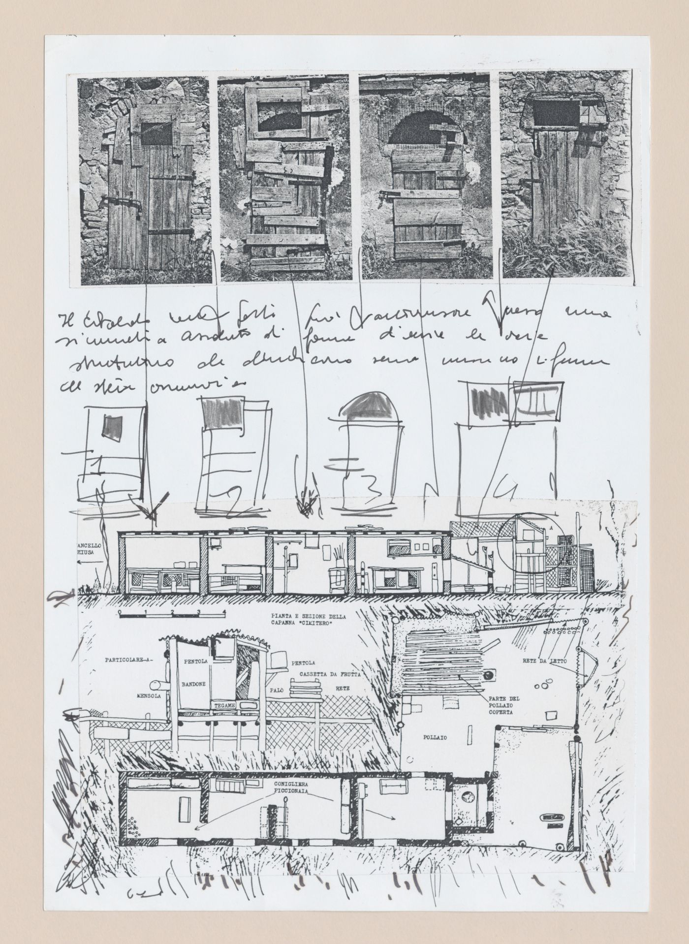 Collaged research notes on the site of Zeno's home and shed for Zeno, une cultura autosufficiente [Zeno, a self-sufficient culture]