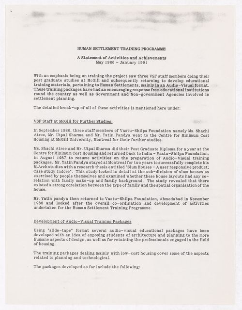 Activities report for the Human Settlement Training Programme