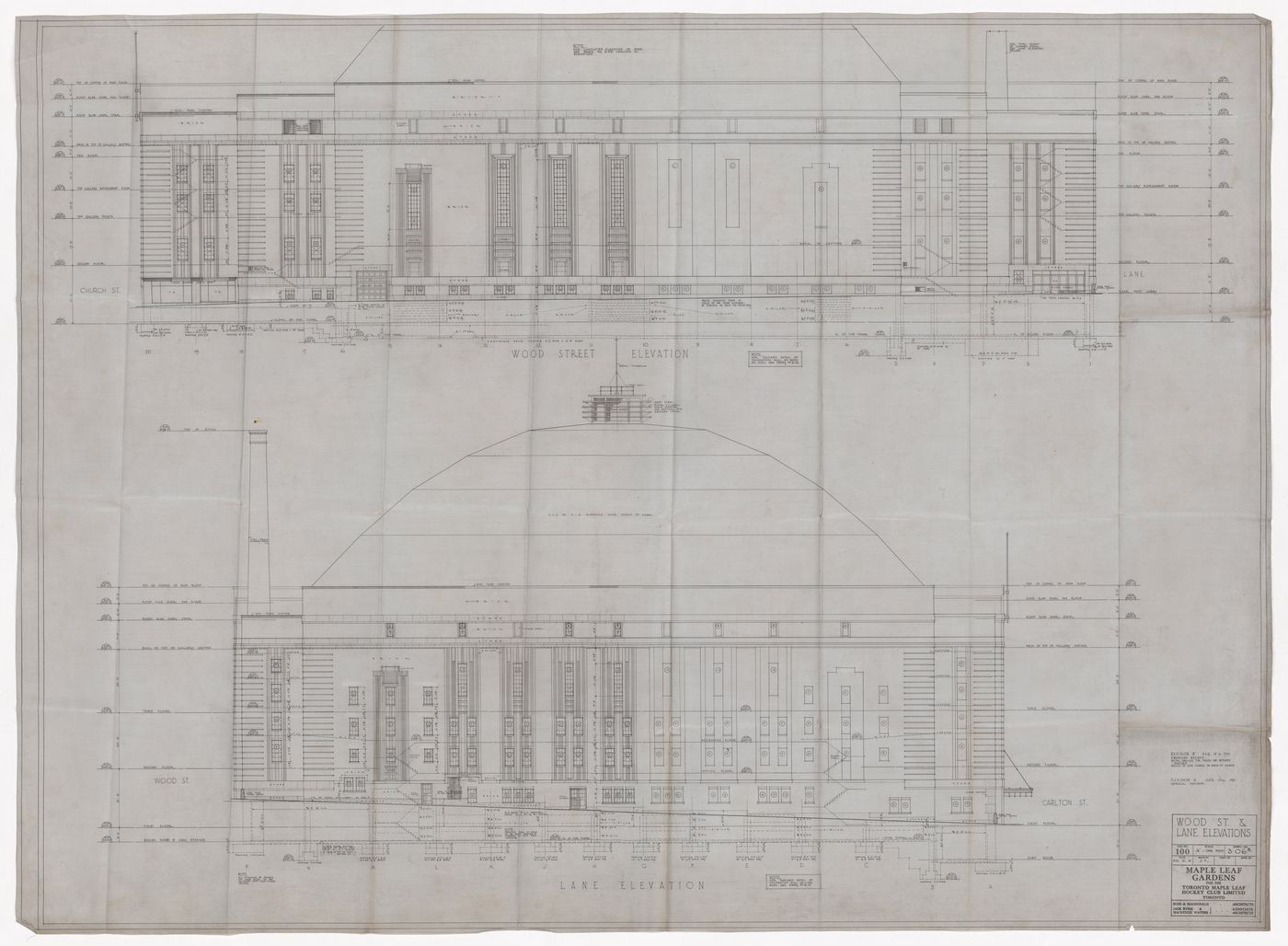 Wood street and lane elevations for Maple Leaf Gardens, Toronto