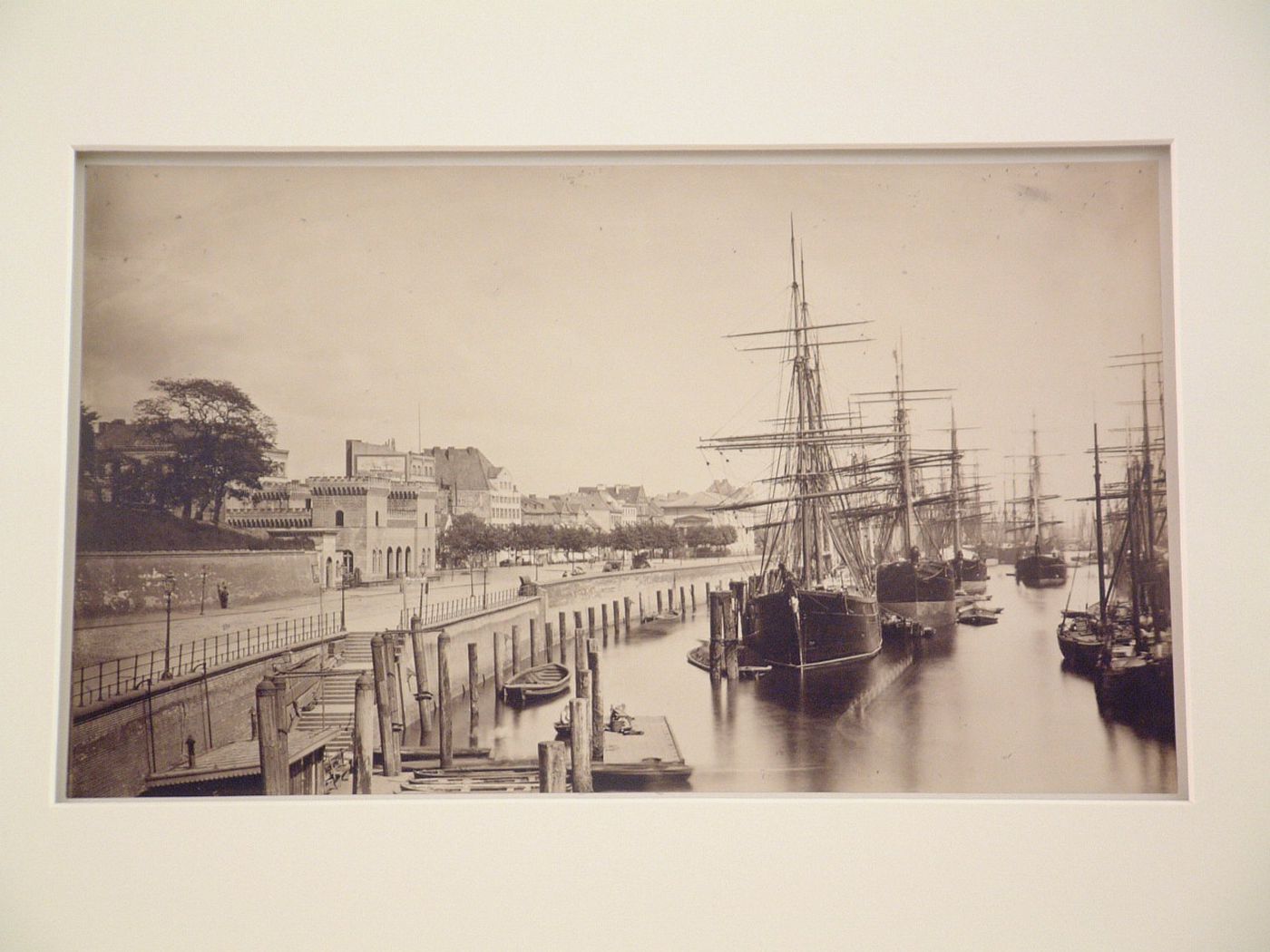 View of harbor gates and ships in harbor, Hamburg, Germany