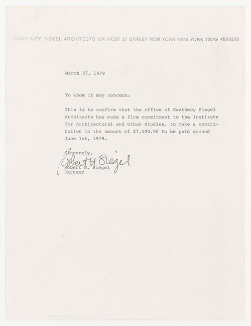 Letter from Robert H. Siegel about donation to IAUS by Gwathmey Siegel Architects