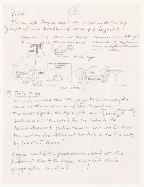 Notes by Lindsay Stamm Shapiro to Peter D. Eisenman about format of Oppositions Books covers and title pages