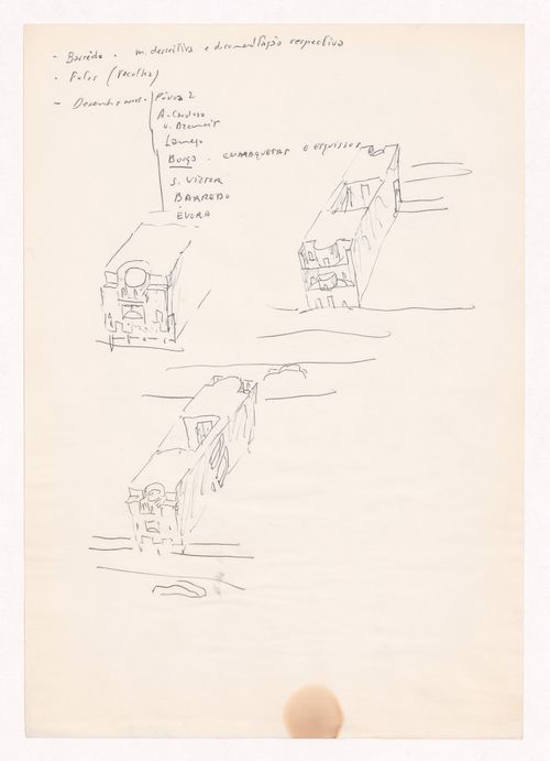 Sketch axonometric views with annotations for Caixa Geral de Depósitos, Matosinhos, Portugal