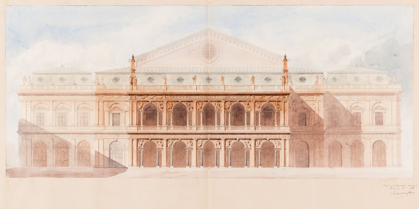 Project for an opera house for the Théâtre impérial de l'opéra: Elevation for the principal façade; verso: Project for an opera house for the Théâtre impérial de l'opéra: Partial sketch plan