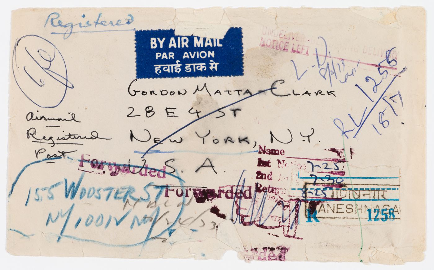 Envelope for a 2-page letter from Alan Saret to Gordon Matta-Clark