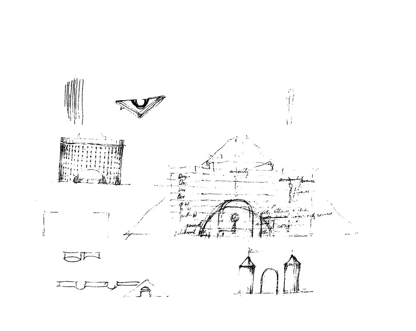 City Hall, Fresno, California: Annotated schematic section and elevations wtih thumbnail studies of entry and roof profile