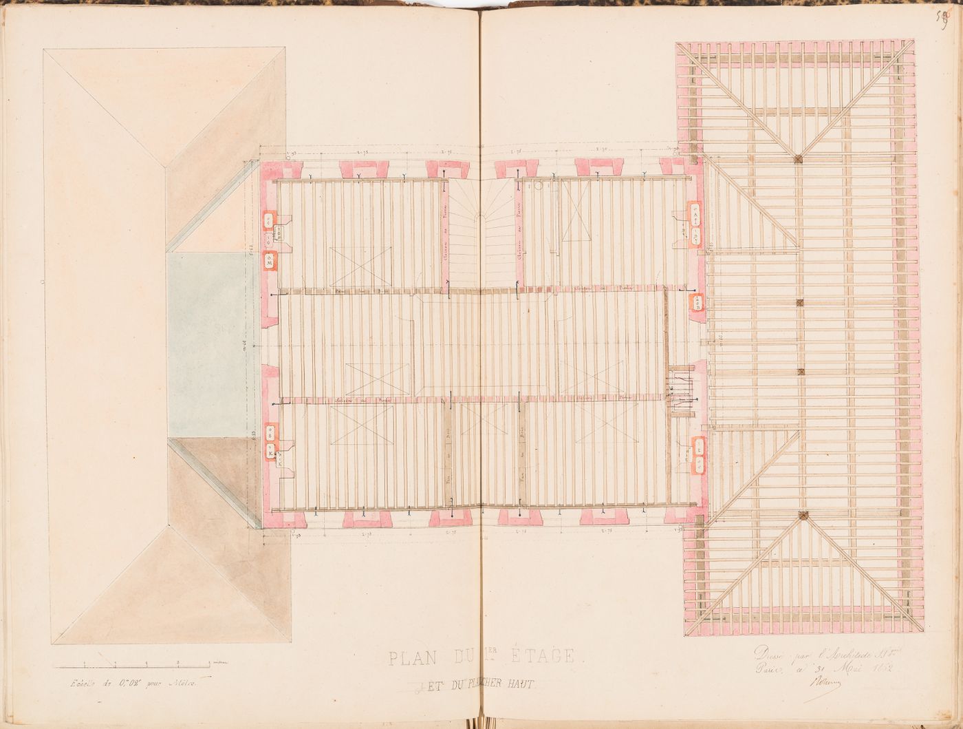 First floor plan with a partial roof plan, including the roof and floor plan framing, for a country house for Madame de Lescure, Royan
