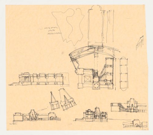Site plan, elevations, section and interior view for the Brooklyn Museum master plan, first phase