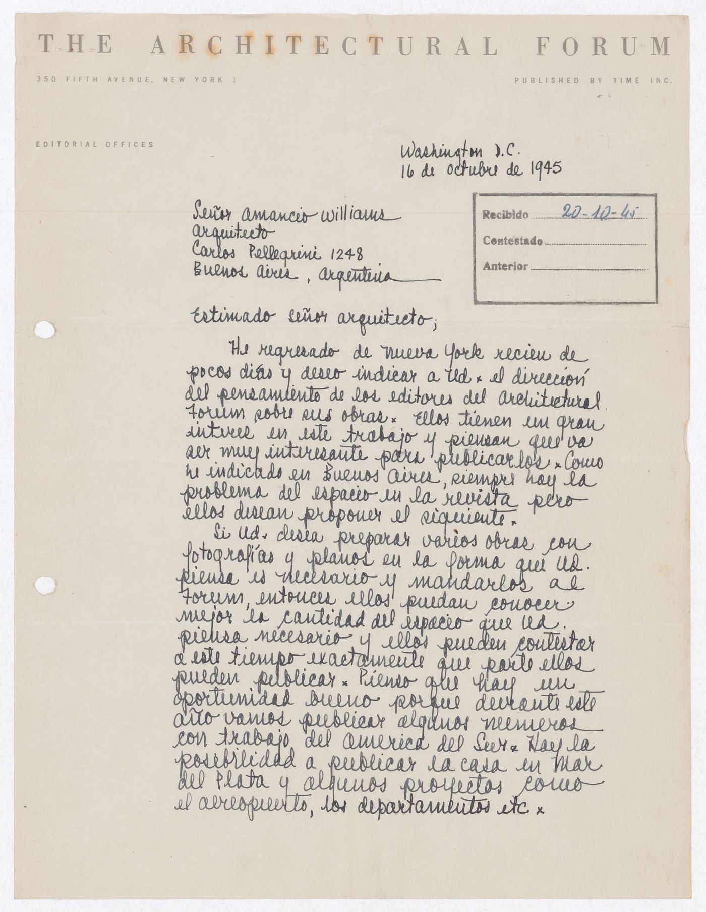 Correspondence, letter to Amancio Williams from Chloethiel Woodard Smith