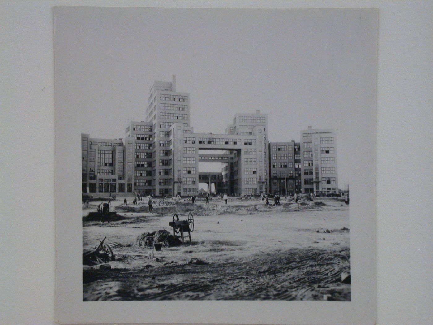 Exterior view of the Department of Industry and Planning (Gosprom) buildings showing Dzerzhinskaya Square under construction, Kharkov, Soviet Union (now in Ukraine)