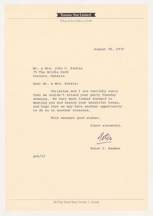 Letter from Peter C. Newman to Parkin