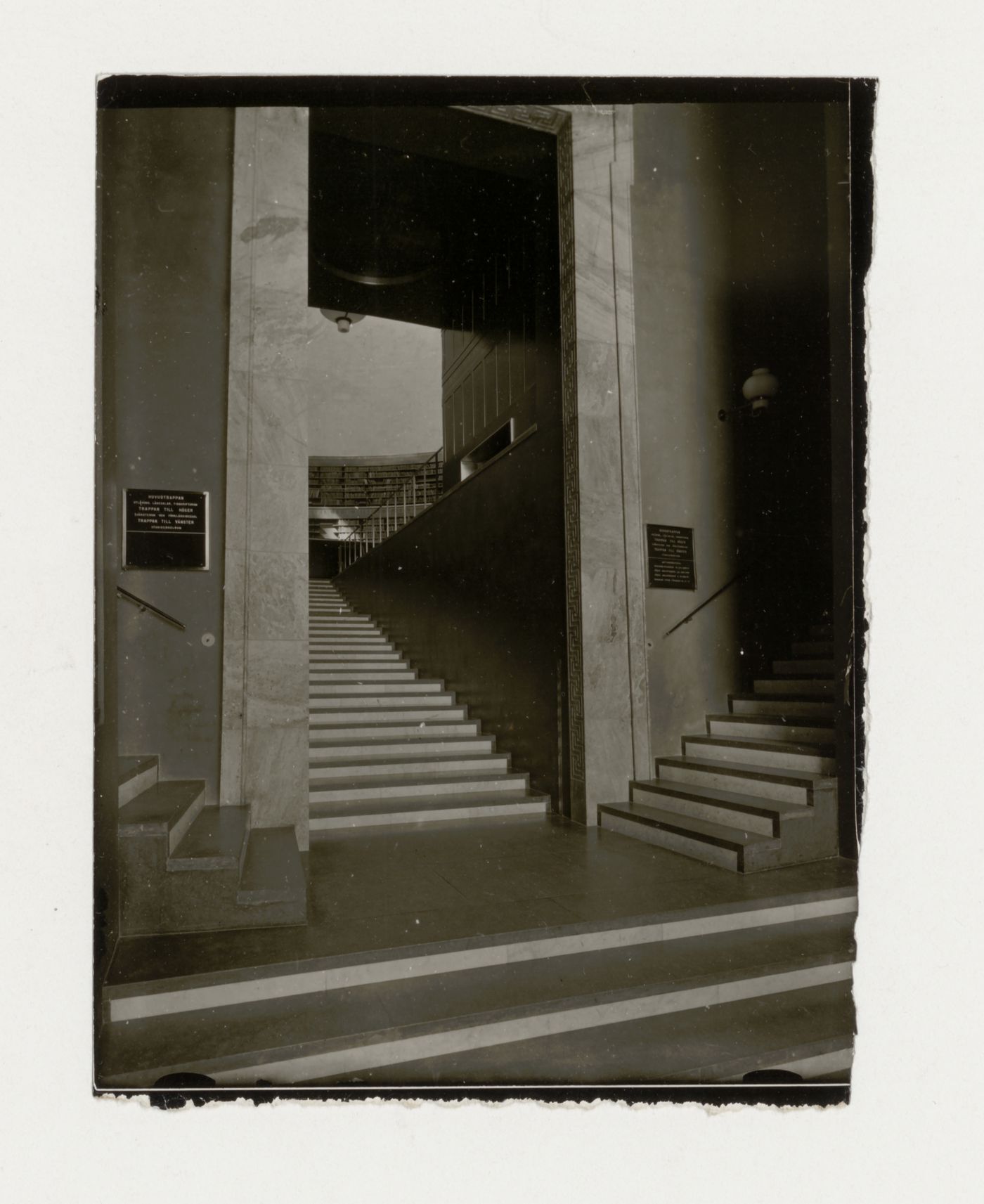 Interior view of the lobby of Stockholm Public Library showing the main stairs leading to the lending hall, 51-55 Odengatan, Stockholm