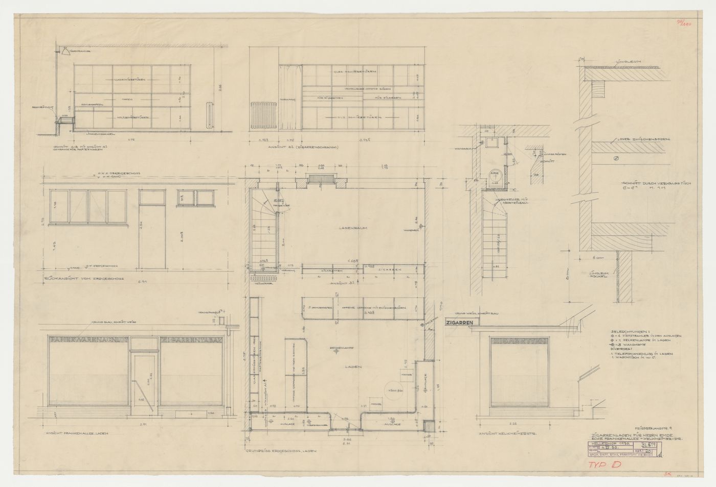 Ground floor plan, partial ground floor plan, elevations, and sections for a type D men's cigar store on the Frankenalle and Kelkheimerstrasse, Hellerhof Housing Estate, Frankfurt am Main, Germany