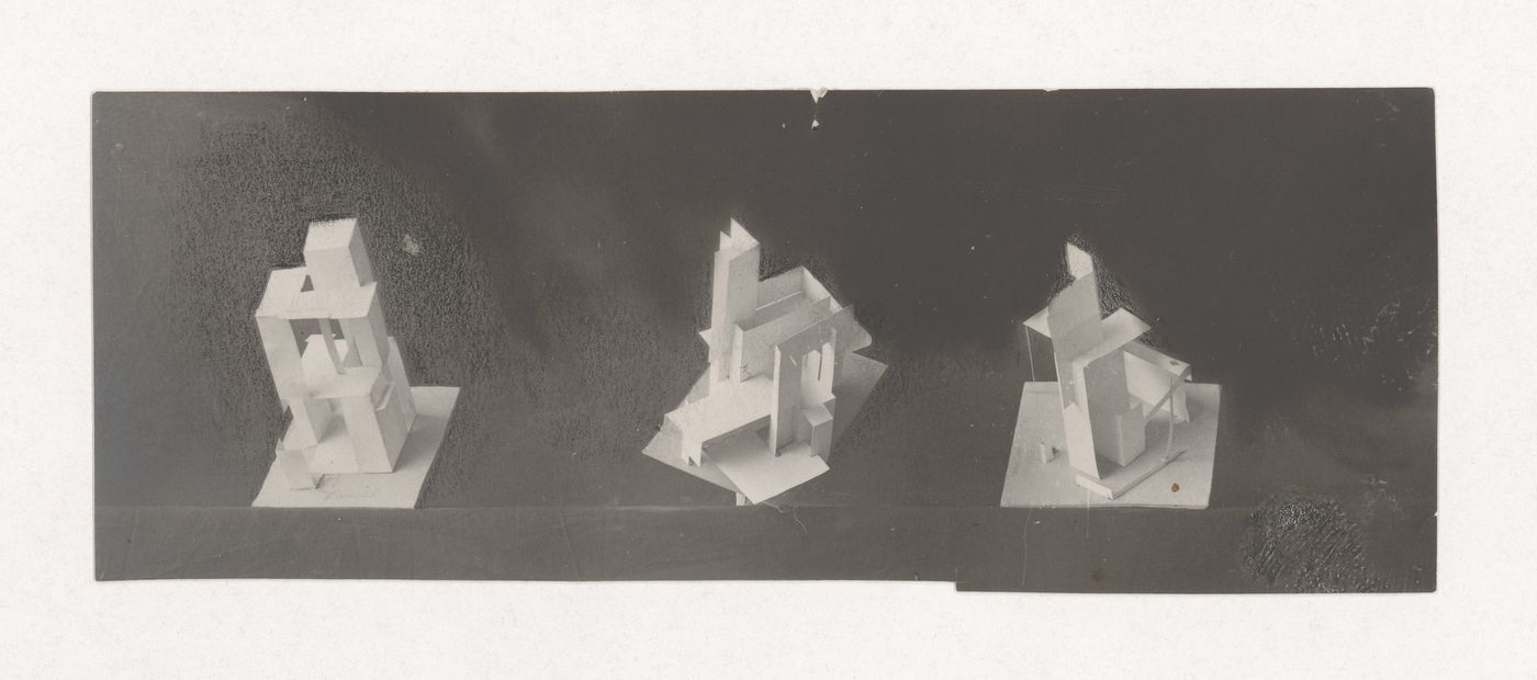 Photograph of student models by Klimov and unidentified students on the topic "Constructing and Finding a Spatial Voluminous Composition Using Surface Elements" for the "Space" course at the Vkhutemas (Higher State Artistic Technical Studios), Moscow