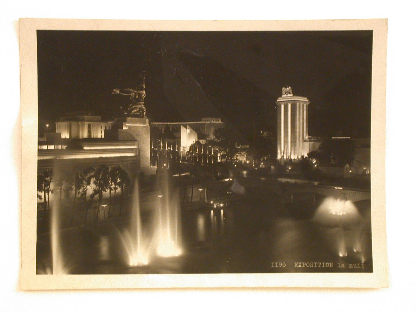 Night view of the USSR's and Germany's pavilions and the Trocadero, 1937 Exposition internationale, Paris, France