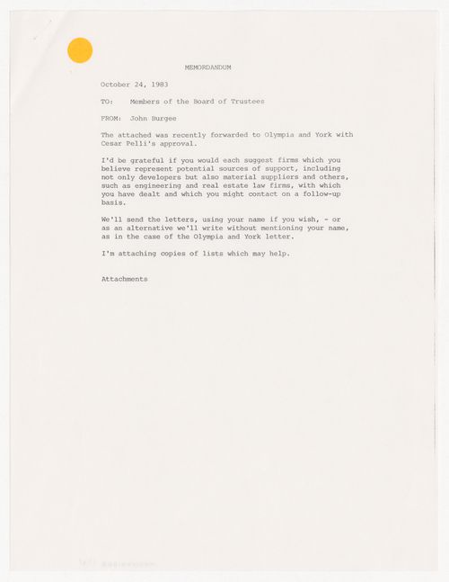 Memorandum from John Burgee to members of the Board of Trustees with attached draft invititation letter to IAUS Corporate/Professional Membership Program