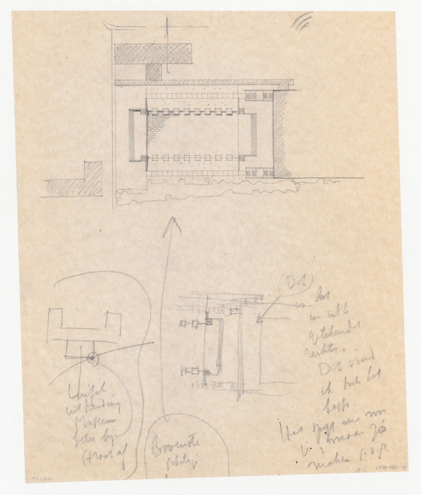 Plan and sketch plan for a reflecting pool for the Congress Hall Complex, The Hague, and sketch plan for an unidentified museum, Netherlands