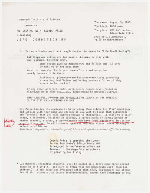 Announcement for a lecture by Cedric Price on "life conditioning" [from Detroit Think Grid project documents]