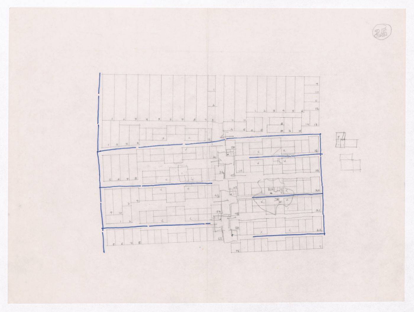 Sketch showing plots layout development for Minimum Cost Housing Group's plot in Aranya township, India, for Aranya Housing Project