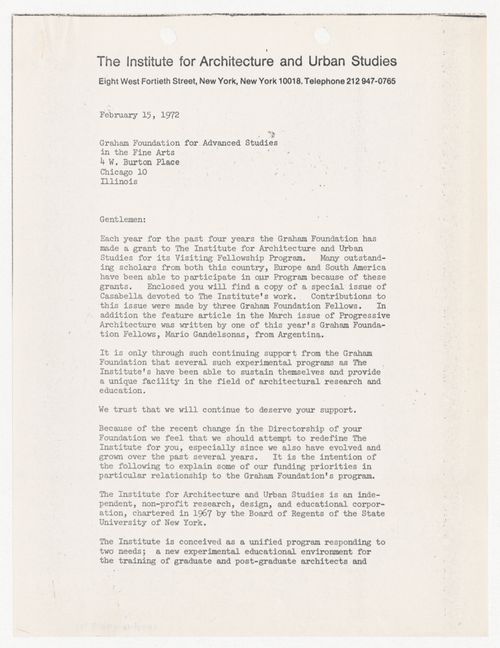 Letter from Peter D. Eisenman to the Graham Foundation about the continued financial support of the Foundation