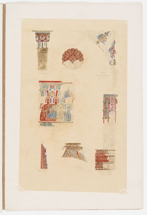 Details of foliated and interlacing ornament from a mosque, including a capital and part of an archway