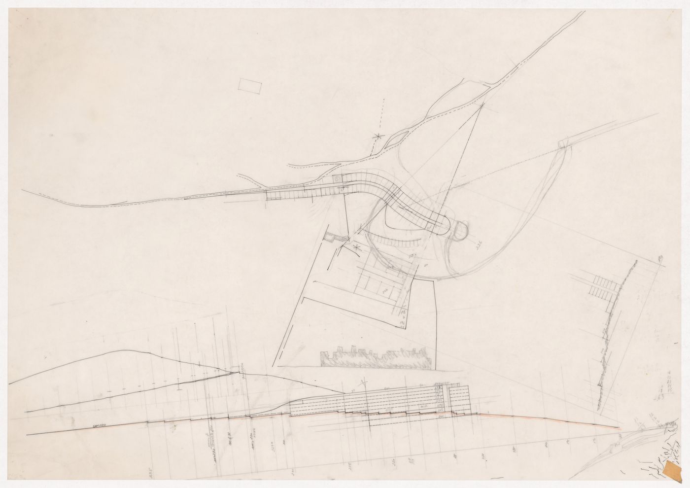 Plan, section and sketches for Monte Picoto, Braga, Portugal