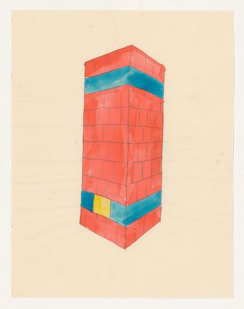 Perspective sketch for a red and blue tiled stove