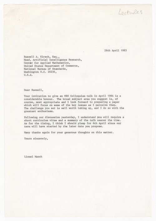 Letter from Lionel March to Russell A. Kirsch