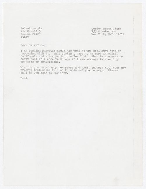 Letter from Gordon Matta-Clark to Salvatore Ala