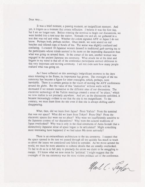 Letter from Mark C. Taylor to Any following the Anywhere conference